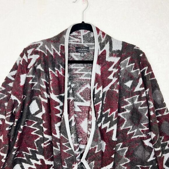 Lucky Brand Burgundy Gray Aztec Print Open Front Cardigan Cotton Blend Sz S New - Picture 4 of 15